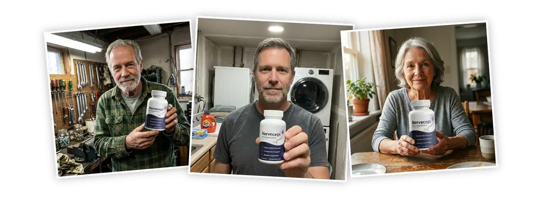 Nervecept customers holding their bottles at home, in a workshop and in a laundry room