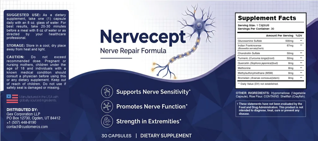 Nervecept supplement facts label showing glucosamine sulfate 500 mg, Boswellia 67 mg and six more ingredients